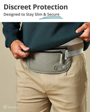 Vantamo Hidden Money Belt For Extra Safety, RFID Protected Ultra-Thin Fanny Pack, 2 Compartment Money Bag Fits Passport & Phone to Protect Valuables, Belt Bag for Traveling, Hiking & Walks