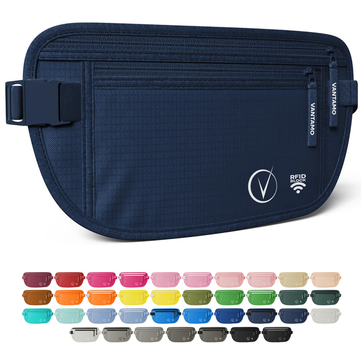 Vantamo Hidden Money Belt For Extra Safety, RFID Protected Ultra-Thin Fanny Pack, 2 Compartment Money Bag Fits Passport &amp; Phone to Protect Valuables, Belt Bag for Traveling, Hiking &amp; Walks