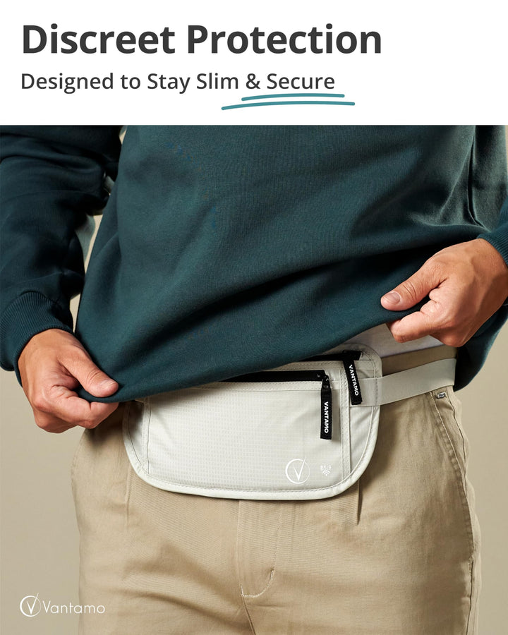 Vantamo Hidden Money Belt For Extra Safety, RFID Protected Ultra-Thin Fanny Pack, 2 Compartment Money Bag Fits Passport &amp; Phone to Protect Valuables, Belt Bag for Traveling, Hiking &amp; Walks