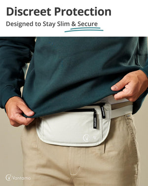 Vantamo Hidden Money Belt For Extra Safety, RFID Protected Ultra-Thin Fanny Pack, 2 Compartment Money Bag Fits Passport & Phone to Protect Valuables, Belt Bag for Traveling, Hiking & Walks