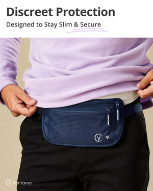 Vantamo Hidden Money Belt For Extra Safety, RFID Protected Ultra-Thin Fanny Pack, 2 Compartment Money Bag Fits Passport & Phone to Protect Valuables, Belt Bag for Traveling, Hiking & Walks
