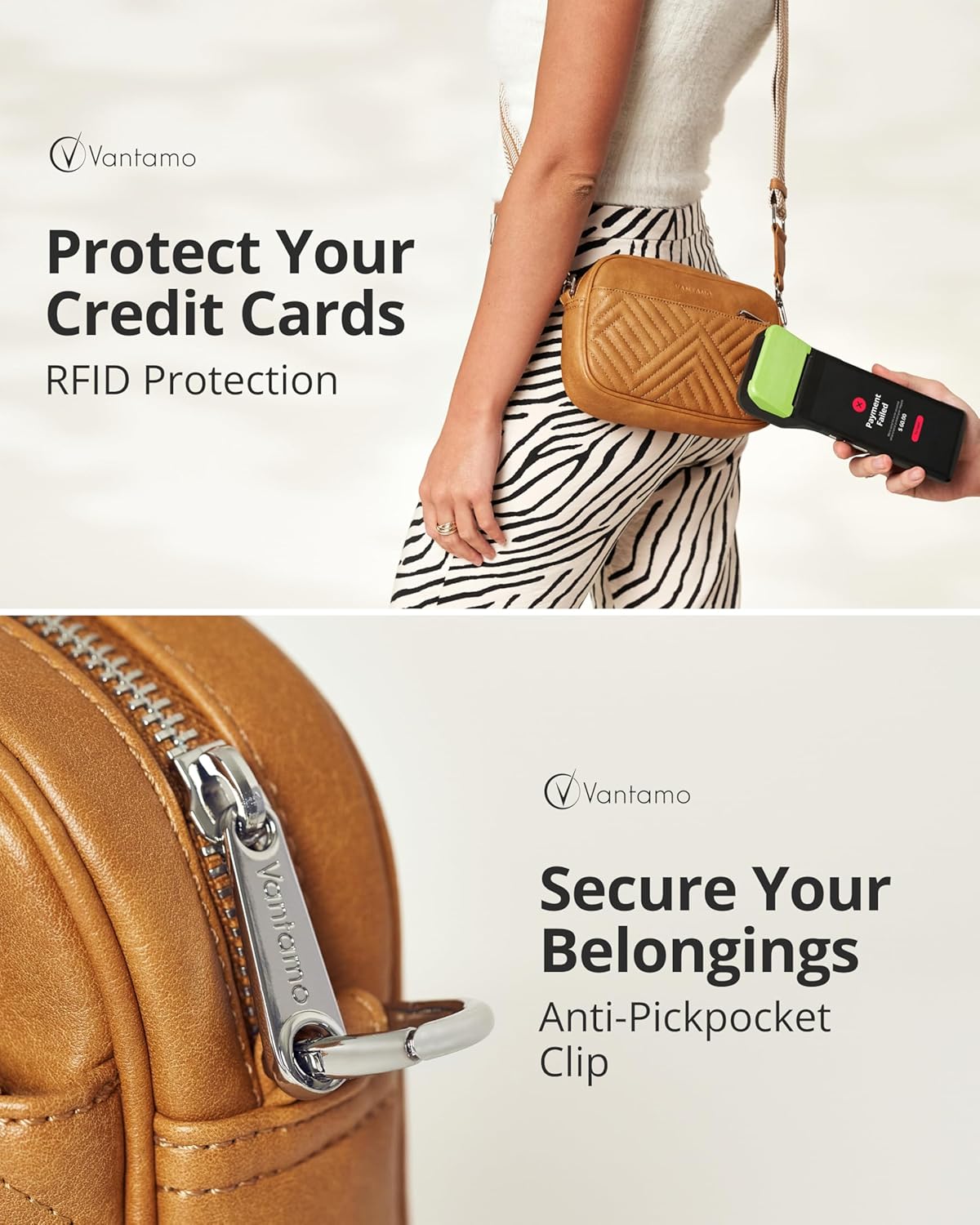 Vantamo Shoulder Bag for Women - Faux Leather Crossbody Bag with Anti Theft RFID Protection & Adjustable Strap.