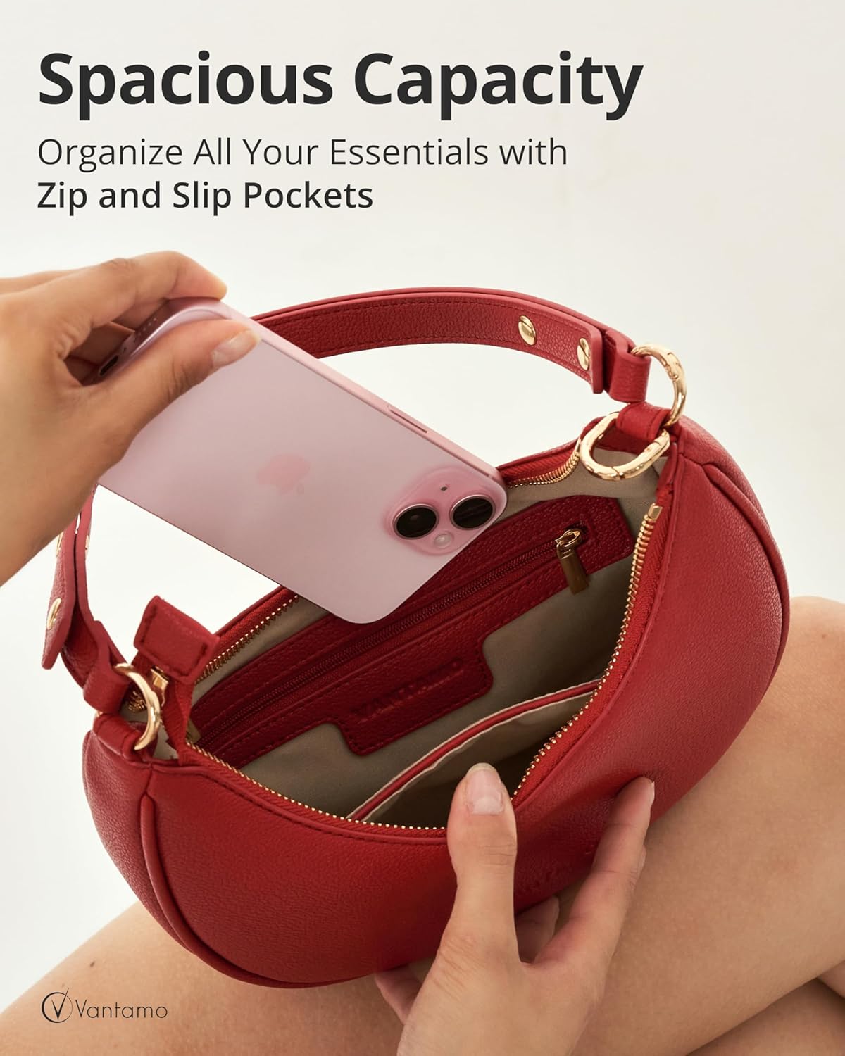 Vantamo Purse For Women, Small Trendy Crescent Moon Shoulder Hand Bag, Faux Leather, Anti Theft RFID Block & Adjustable Strap