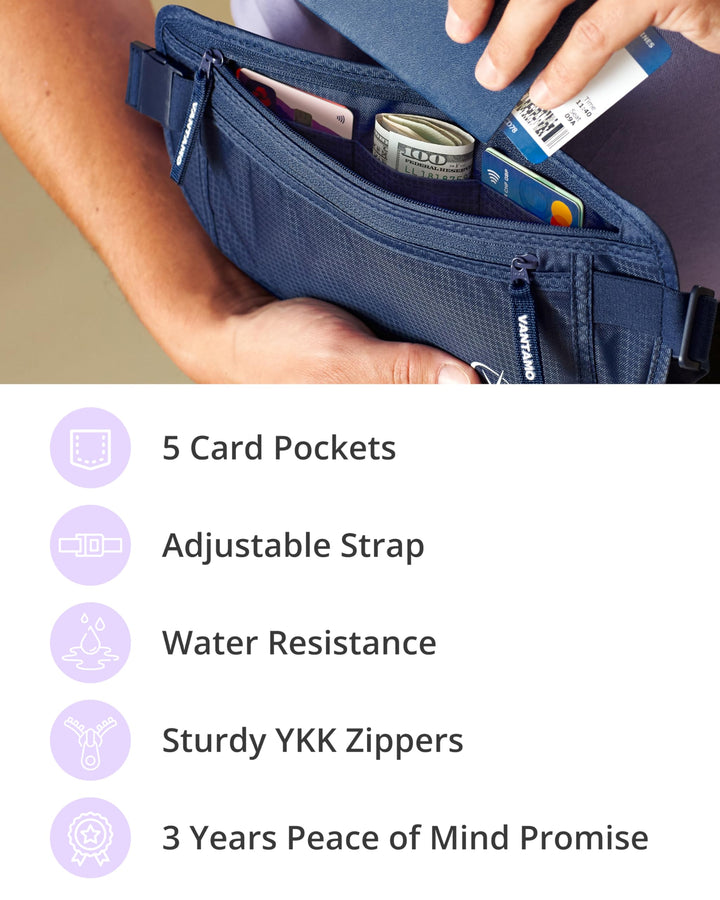 Vantamo Hidden Money Belt For Extra Safety, RFID Protected Ultra-Thin Fanny Pack, 2 Compartment Money Bag Fits Passport &amp; Phone to Protect Valuables, Belt Bag for Traveling, Hiking &amp; Walks