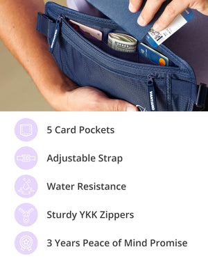 Vantamo Hidden Money Belt For Extra Safety, RFID Protected Ultra-Thin Fanny Pack, 2 Compartment Money Bag Fits Passport & Phone to Protect Valuables, Belt Bag for Traveling, Hiking & Walks