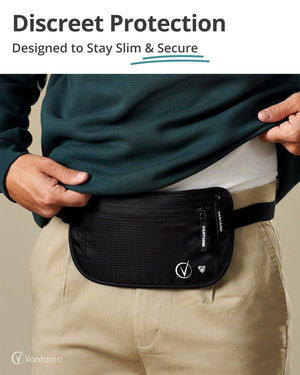 Vantamo Hidden Money Belt For Extra Safety, RFID Protected Ultra-Thin Fanny Pack, 2 Compartment Money Bag Fits Passport & Phone to Protect Valuables, Belt Bag for Traveling, Hiking & Walks