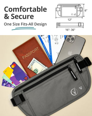 Vantamo Hidden Money Belt For Extra Safety, RFID Protected Ultra-Thin Fanny Pack, 2 Compartment Money Bag Fits Passport & Phone to Protect Valuables, Belt Bag for Traveling, Hiking & Walks