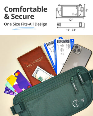 Vantamo Hidden Money Belt For Extra Safety, RFID Protected Ultra-Thin Fanny Pack, 2 Compartment Money Bag Fits Passport & Phone to Protect Valuables, Belt Bag for Traveling, Hiking & Walks