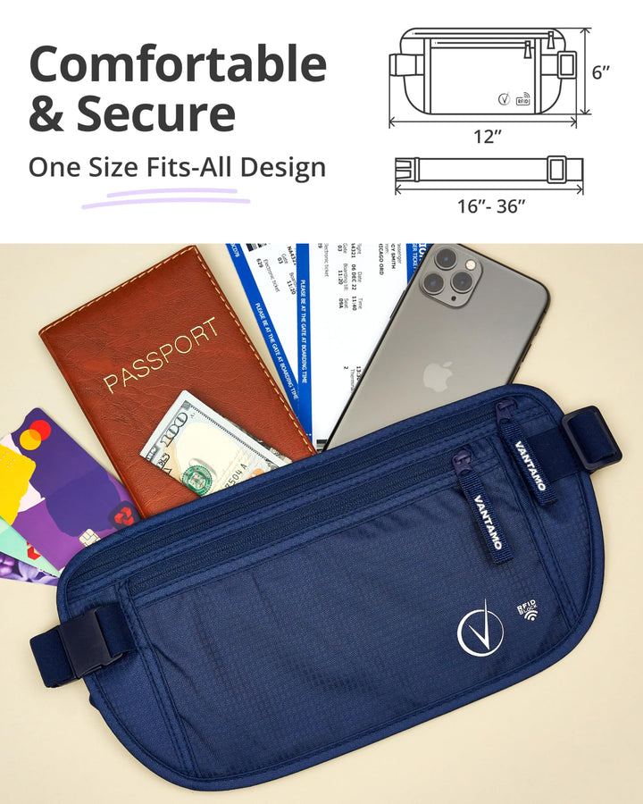 Vantamo Hidden Money Belt For Extra Safety, RFID Protected Ultra-Thin Fanny Pack, 2 Compartment Money Bag Fits Passport &amp; Phone to Protect Valuables, Belt Bag for Traveling, Hiking &amp; Walks