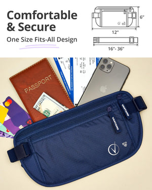 Vantamo Hidden Money Belt For Extra Safety, RFID Protected Ultra-Thin Fanny Pack, 2 Compartment Money Bag Fits Passport & Phone to Protect Valuables, Belt Bag for Traveling, Hiking & Walks