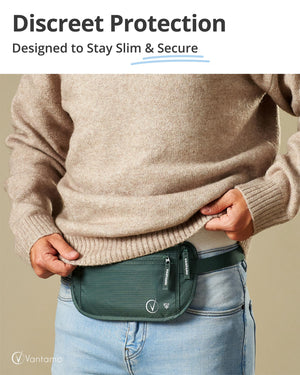 Vantamo Hidden Money Belt For Extra Safety, RFID Protected Ultra-Thin Fanny Pack, 2 Compartment Money Bag Fits Passport & Phone to Protect Valuables, Belt Bag for Traveling, Hiking & Walks