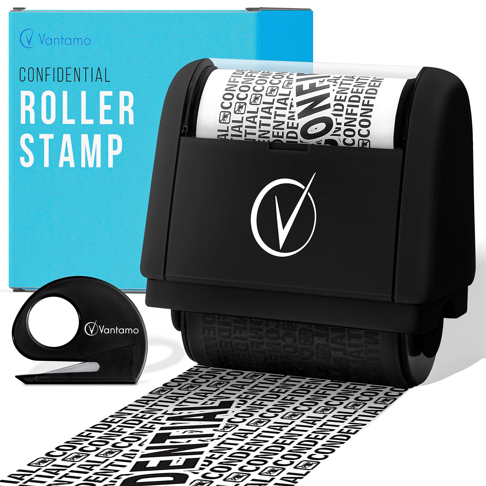 Vantamo Identity Protection Roller Stamps Wide Kit, Including 3-Pack Refills - Designed for Secure Confidential ID Blackout Security, Anti Theft and Privacy Safety (4-Pack Black)