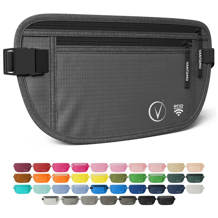 Vantamo Hidden Money Belt For Extra Safety, RFID Protected Ultra-Thin Fanny Pack, 2 Compartment Money Bag Fits Passport &amp; Phone to Protect Valuables, Belt Bag for Traveling, Hiking &amp; Walks