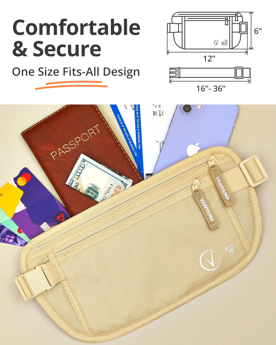 Vantamo Hidden Money Belt For Extra Safety, RFID Protected Ultra-Thin Fanny Pack, 2 Compartment Money Bag Fits Passport &amp; Phone to Protect Valuables, Belt Bag for Traveling, Hiking &amp; Walks