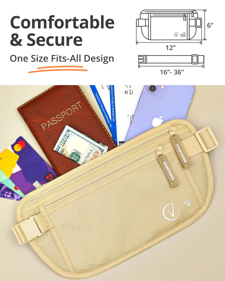 Vantamo Hidden Money Belt For Extra Safety, RFID Protected Ultra-Thin Fanny Pack, 2 Compartment Money Bag Fits Passport &amp; Phone to Protect Valuables, Belt Bag for Traveling, Hiking &amp; Walks
