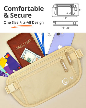 Vantamo Hidden Money Belt For Extra Safety, RFID Protected Ultra-Thin Fanny Pack, 2 Compartment Money Bag Fits Passport & Phone to Protect Valuables, Belt Bag for Traveling, Hiking & Walks