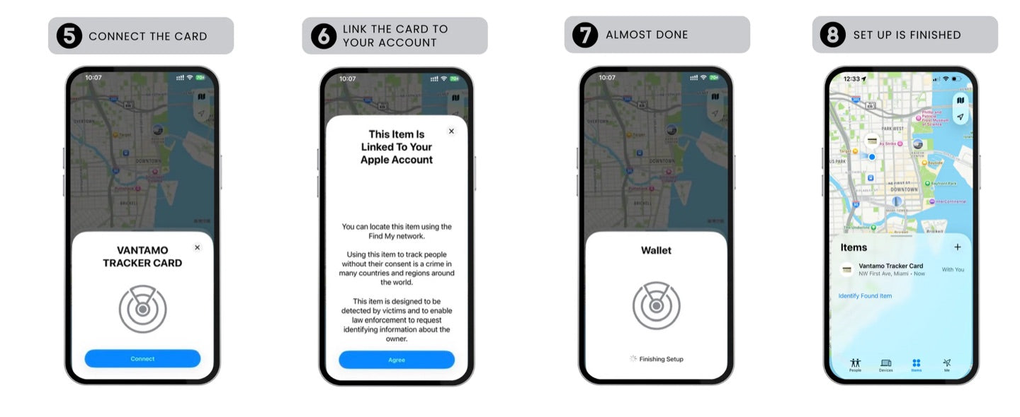 Connect prompt in Find My showing the Vantamo Tracker Card ready to pair