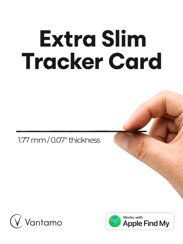 Thumb and forefinger pinching the Vantamo tracker card edge-on, showing its slim side profile