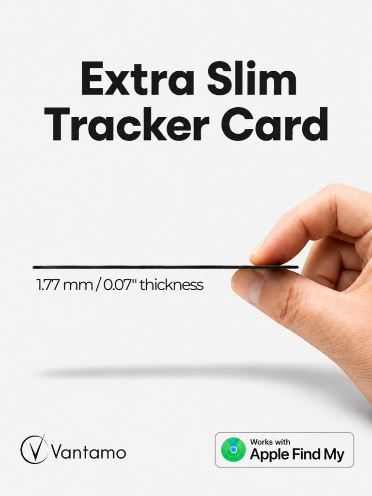 Fingers holding the Vantamo tracker card edge-on, showing its 1.77 mm thickness