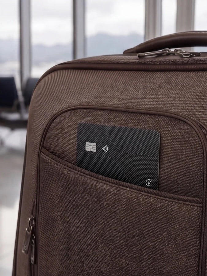 Vantamo tracker card tucked into the front pocket of a suitcase at the airport