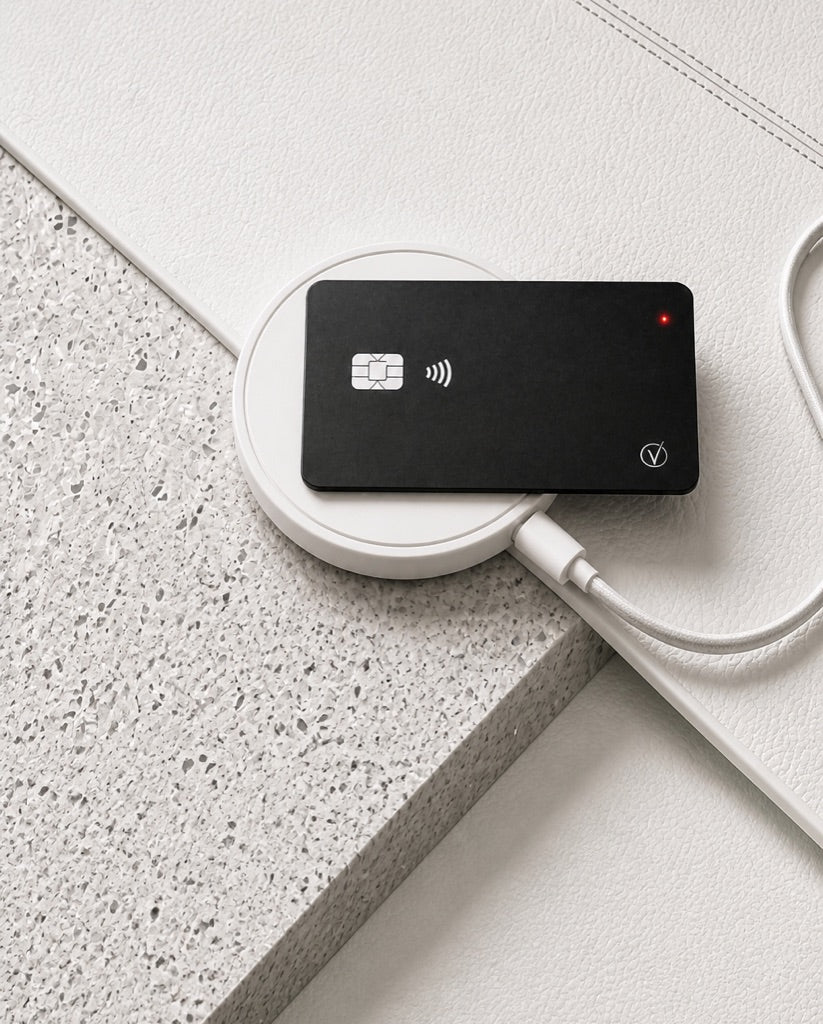 Vantamo tracker card charging on a standard wireless pad