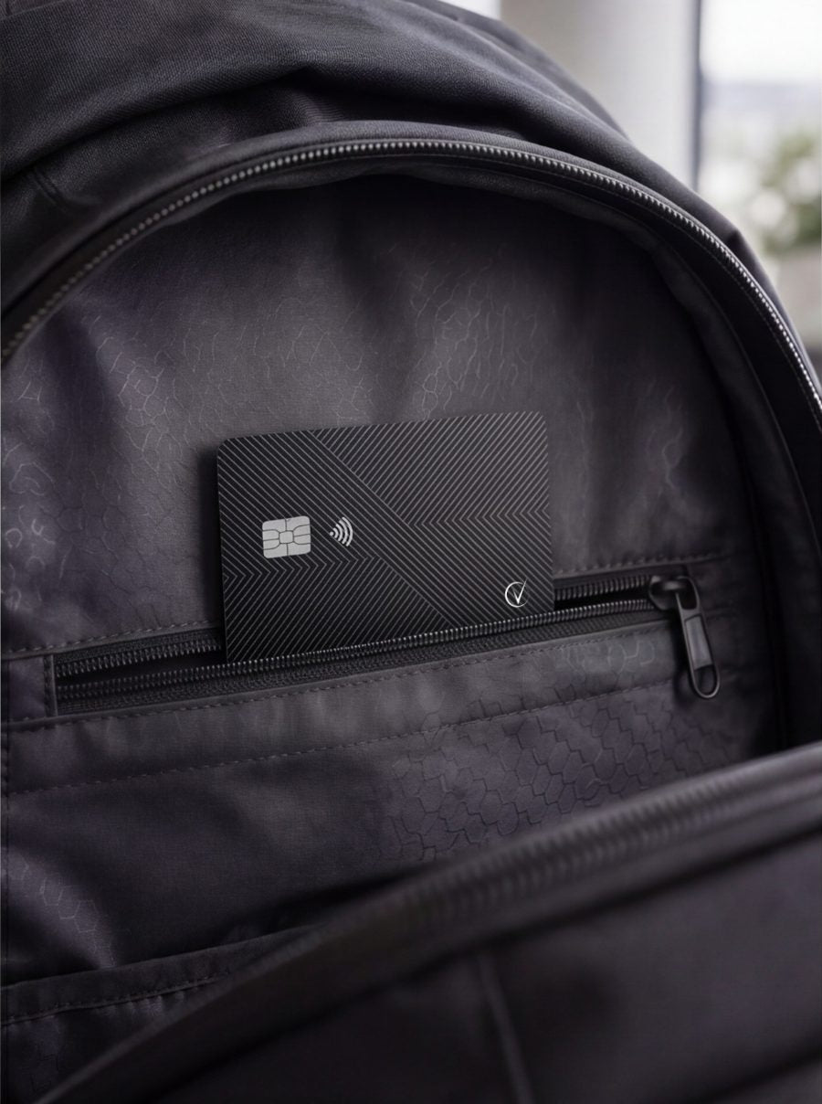 Vantamo tracker card tucked into the zip pocket of a backpack
